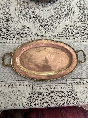 Vintage Antique Oval Copper Serving Tray with Brass Handles & Rim 9 1/2” by 17”